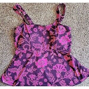 Lands' End Women's Purple L 14-16 DDD Swim Top Scoop Neck Flutter Floral S820